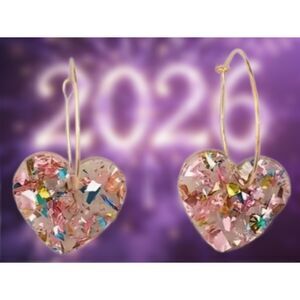Pink Glitter Confetti Hearts on Gold Hoop Earrings Hoops Valentines